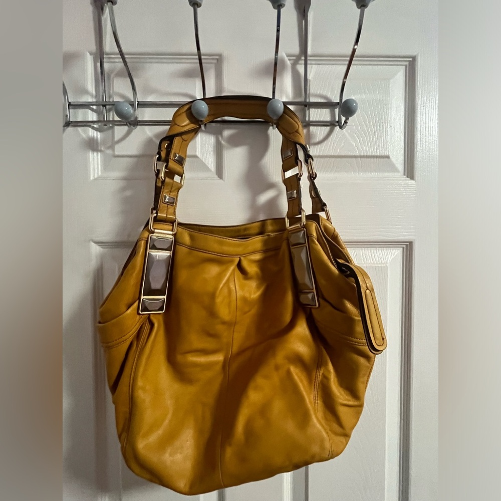 B. Makowsky Mustard Genuine Leather Double Strap Hobo Purse Shoulder ( A45 )